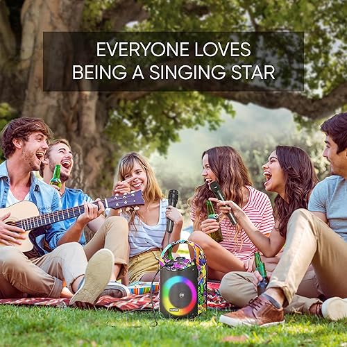 Miniatura 14 de MASINGO Máquina de karaoke para niños y adultos con 1 micrófono inalámbrico de karaoke y 1 micrófono con cable, altavoz portátil PA con luces LED