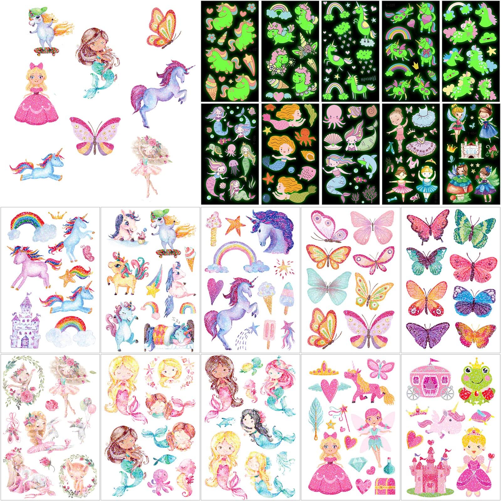 Kids Glitter Temporary Tattoo Girls Unicorn Butterfly Mermaid Fairy Princess Glow in the Dark Waterproof Fake Luminous Stickers for Children Birthday Party Favors Decor Supplies Gift 20 Sheets