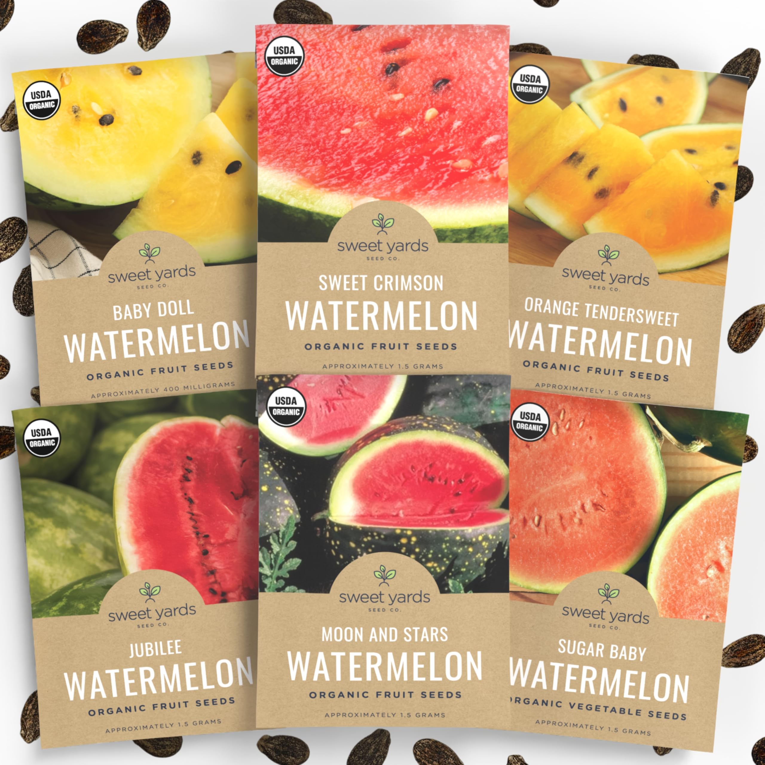 Organic Watermelon Seeds Variety Pack - 6 Individual Packs - 2026 Season - Sugar Baby, Orange Tendersweet, Jubilee and More! for Indoor & Outdoor Planting (Non-GMO, Certified Organic)