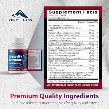 Longevity Activator Anti-Aging Supplement Dietary Supplement, Natural Antioxidants with Resveratrol - Supports Immune Function and Healthy Memory