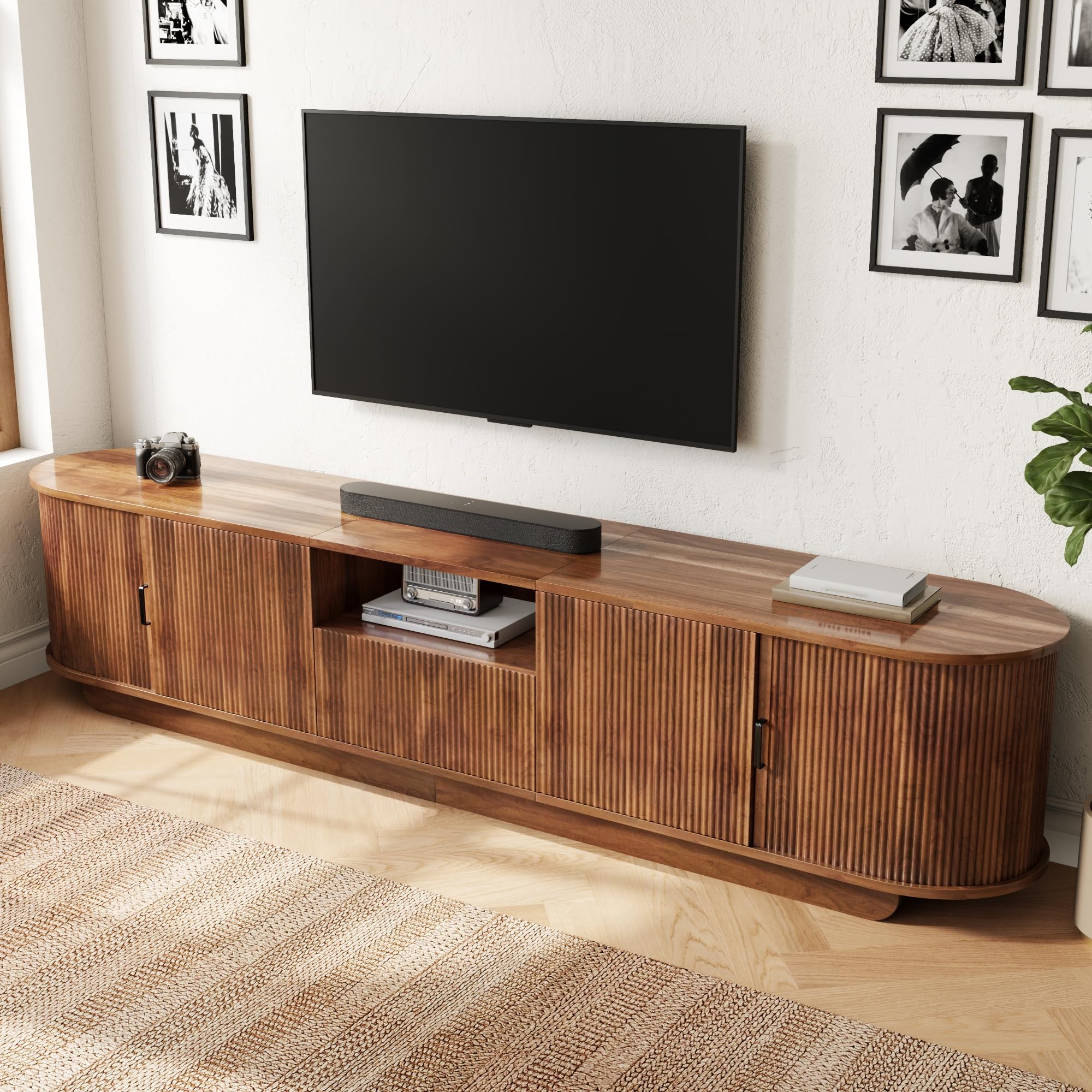 200cm Ovaler TV Schrank mit 3D-Wellenstruktur Schiebetüren