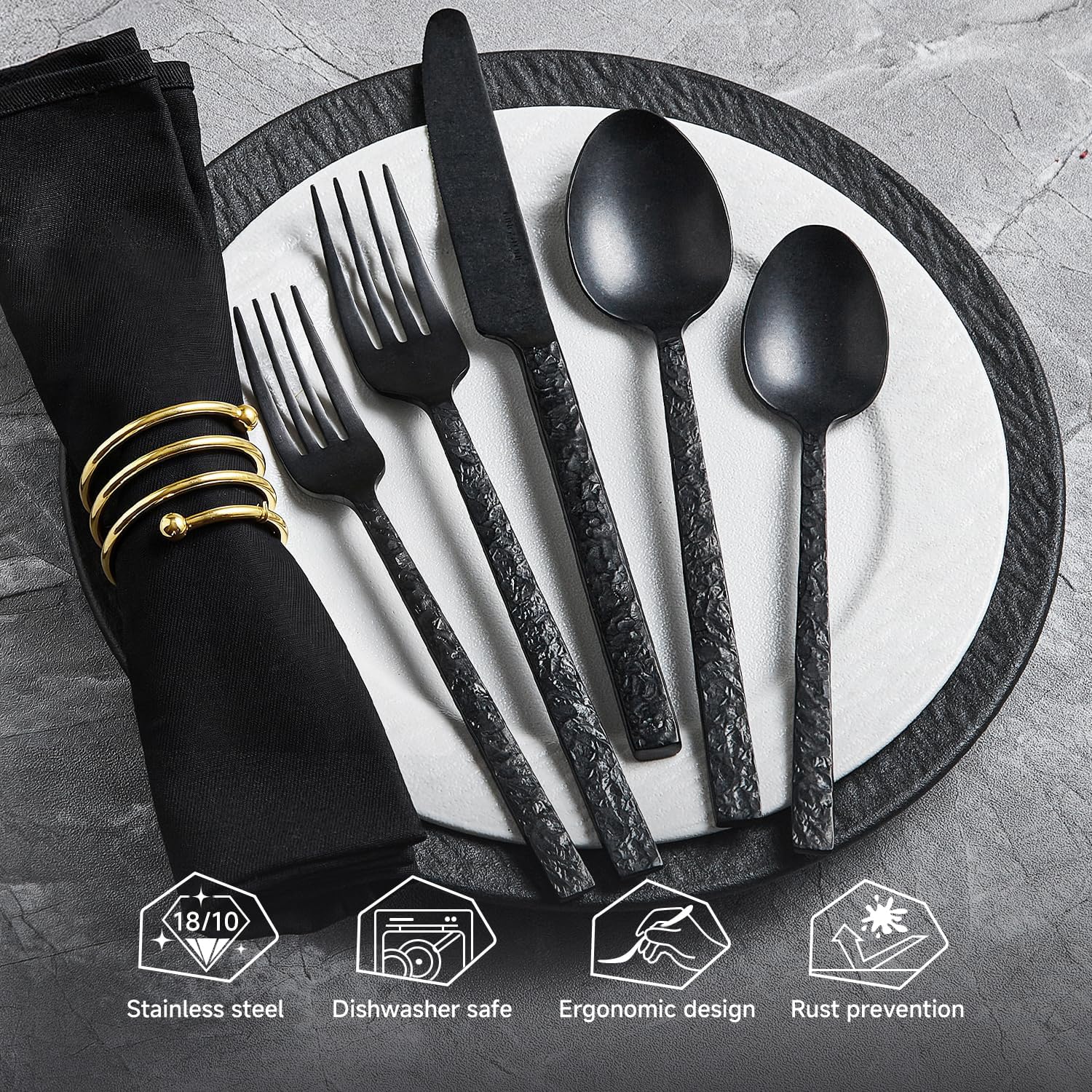 KINGSTONE 20 Pcs Black Hammered Silverware Set for 4, 18/10 Stainless Steel Heavy Duty Flatware Set, Tableware Cutlery Utensil Sets for Home Restaurant Dishwasher Safe - Image 3