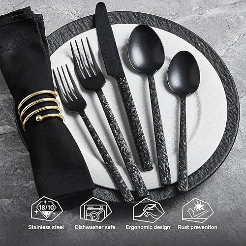 Miniatura 3 de KINGSTONE Juego de 40 cubiertos martillados negros para 8, acero inoxidable 18/10, juego de cubiertos de alta resistencia para el hogar,