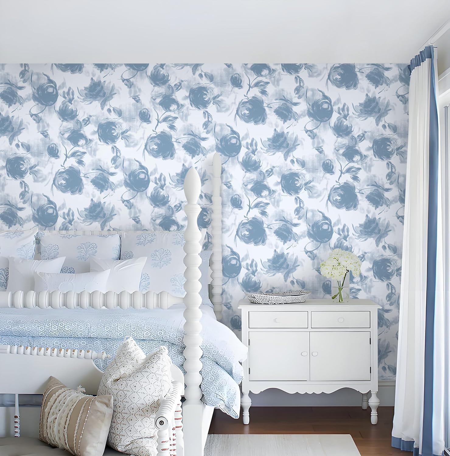 GloryTik Peel and Stick Wallpaper Blue Floral Contact Paper Modern Self-Adhesive Waterproof Wall Paper Blue Large Floral Watercolor Wallpaper for Cabinets Bedroom Bathroom Vinyl Roll 17.3" x 196.8"