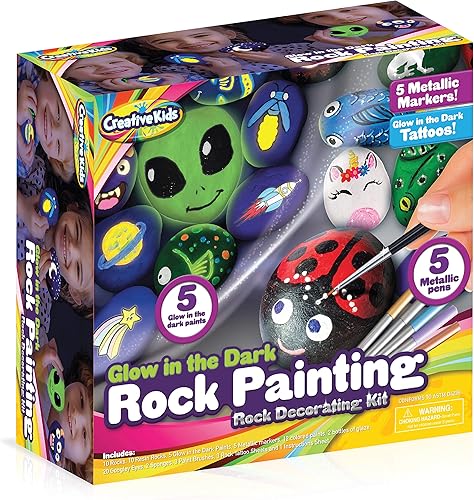 Kit de pintura de rocas para niños, paquete a granel de 80 piezas, 20 rocas, 5 pinturas que brillan en la oscuridad y 12 pinturas estándar, 5