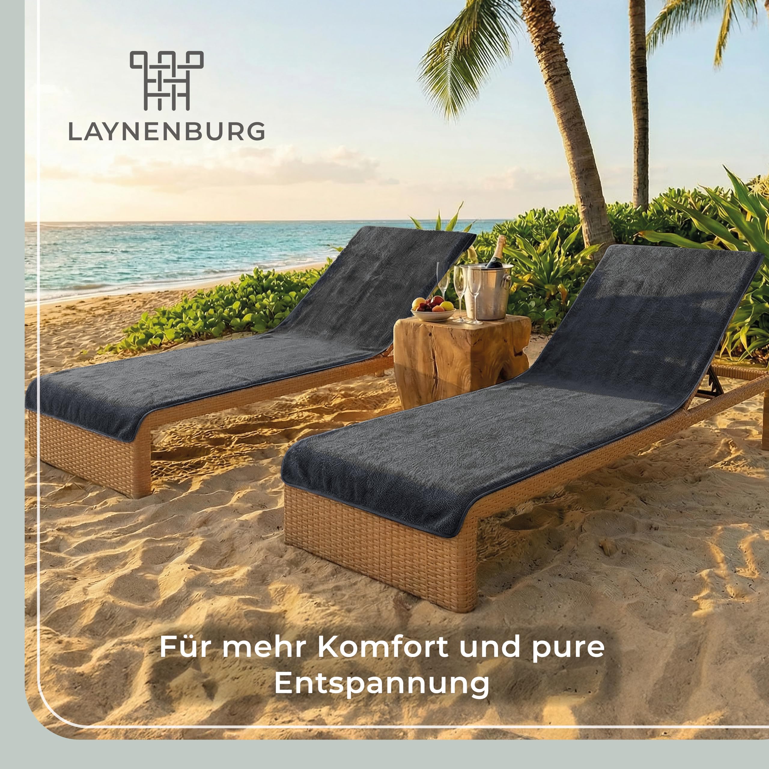 LAYNENBURG 2er-Set Premium Schonbezug für Gartenliege - 100% Baumwolle - Oeko-TEX 100 - Frottee Handtuch-Bezug Sonnenliege - Liegenbezug mit Umschlag für Standliege, Liege-Stuhl (75x200 cm Anthrazit)