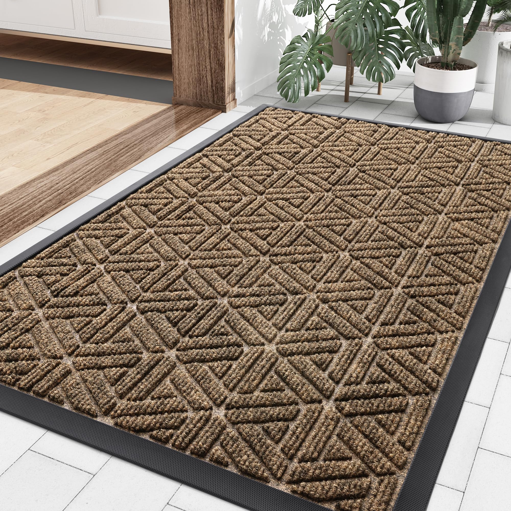 Smiry Front Door Mat Outside Entrance, Heavy Duty Sturdy Natural Rubber Doormat, Trap Dirt and Moisture, Easy Clean Low Profile Mats for Indoor Outdoor Entry, Grid Geometric (36x24, Brown)