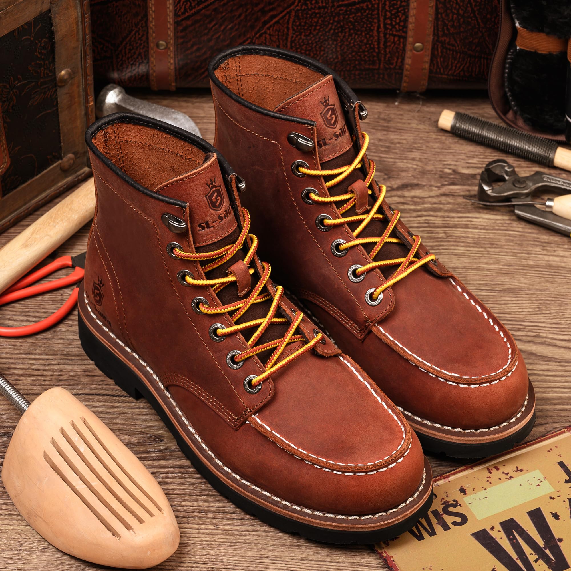 SL-Saint Stivali da lavoro da uomo Soft Moc Toe Classic Casual 6'' con suola con zeppa Scarpe da marroni/Nero