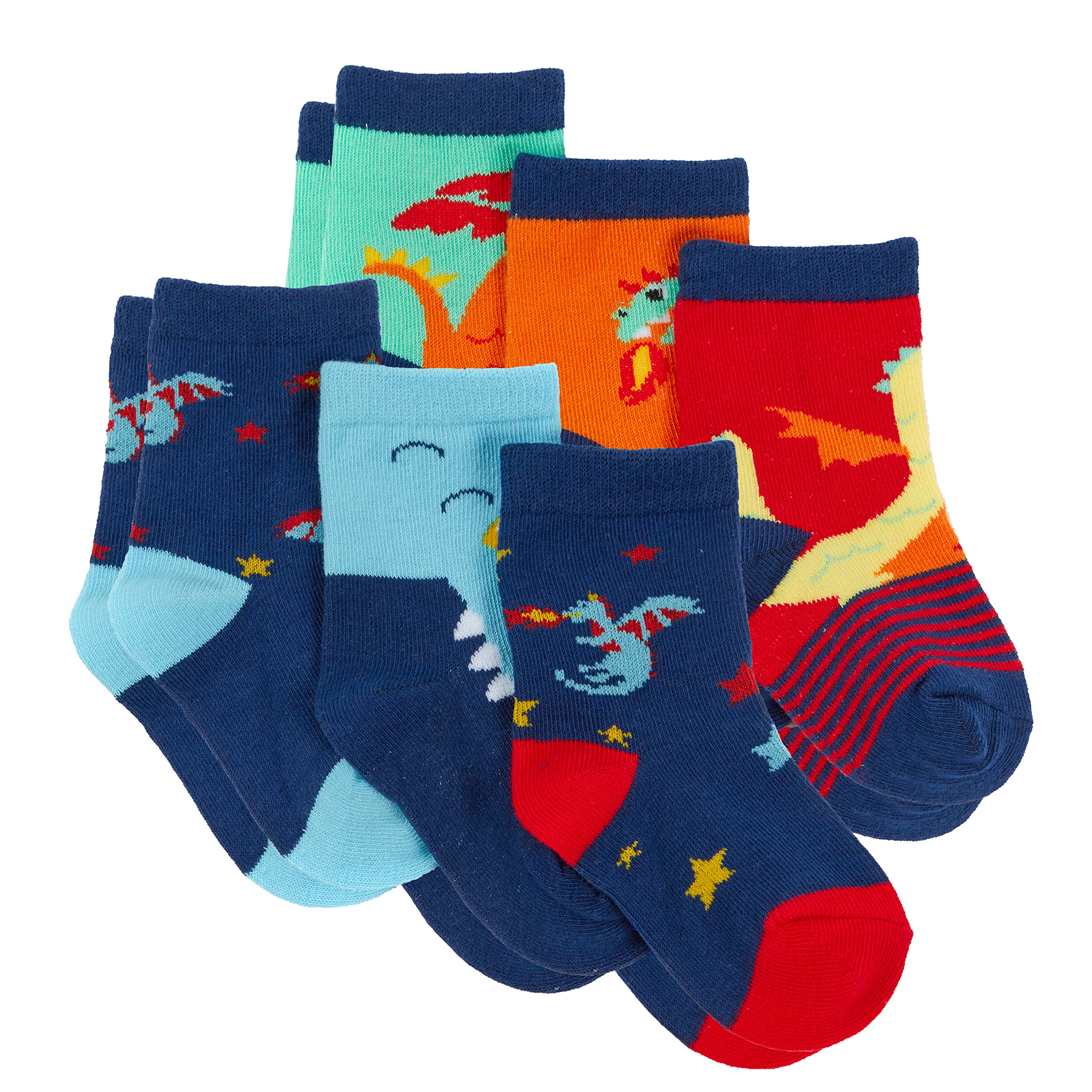 Metzuyan Baby Boys Cartoon Dragon Socks Cotton Rich Novelty Mid Calf Red Blue 2 Pack 3-5.5