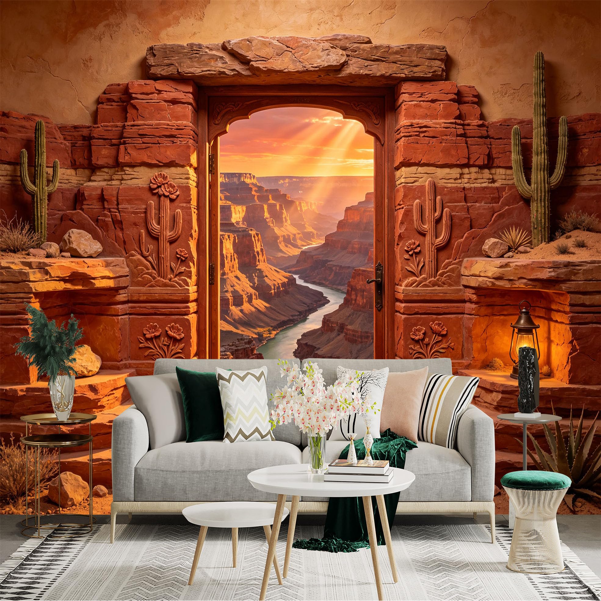 Custom Size Wall Sticker Mural， Desert Canyon River Sunset， Cactus Stone Archway， for wall Decoration， peelandstick wall Decals.