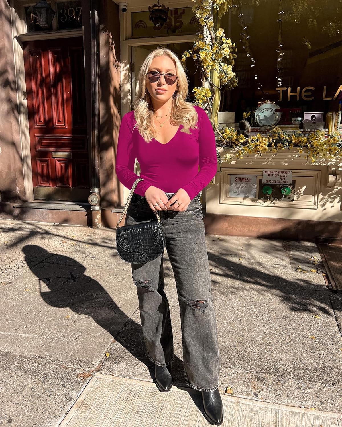 SAUNGKUAI Women's Plunge Deep V Neck Long Sleeve Bodysuit Double Lined Thong Body Suit Shirt Tops - Image 3