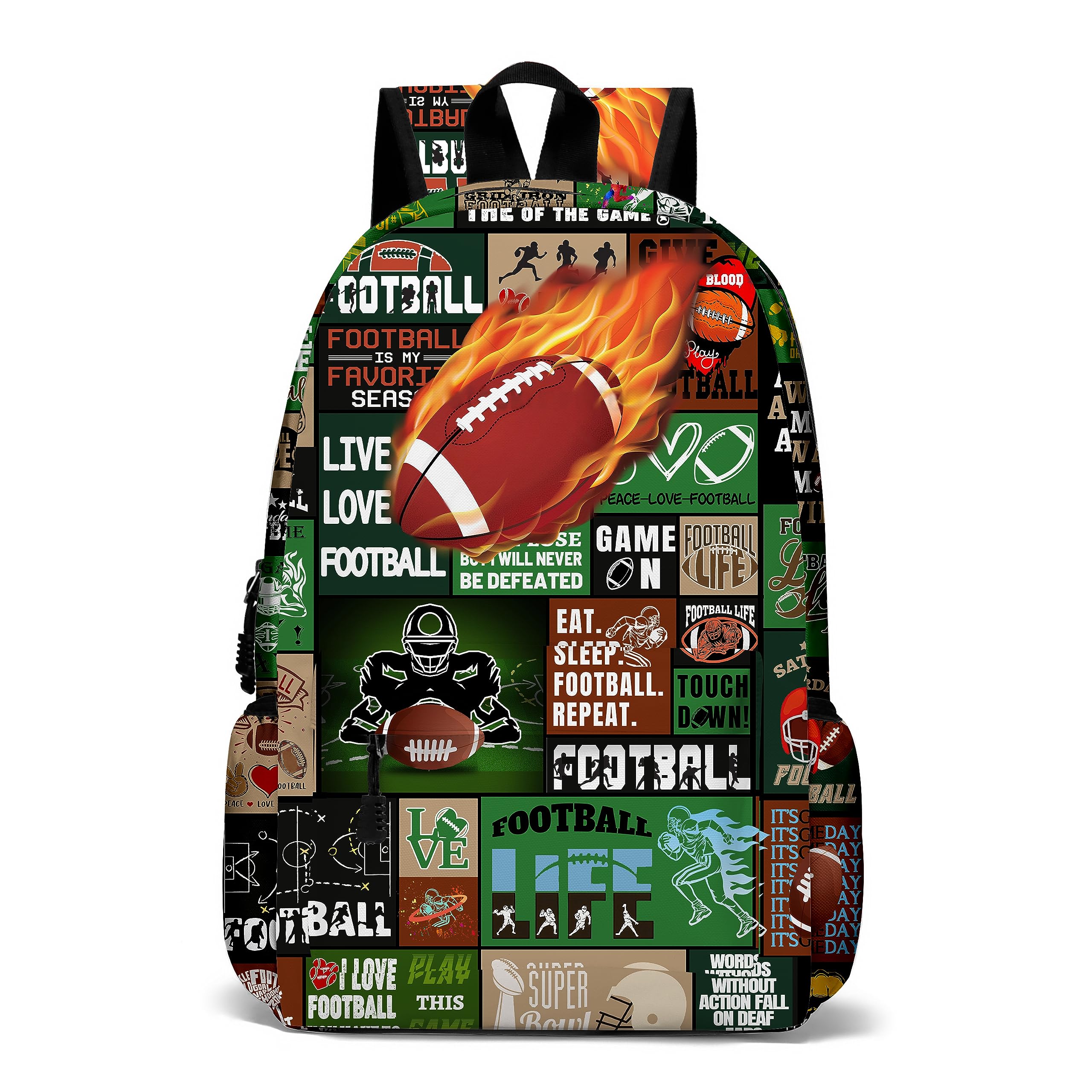 ROVOZAR Fire Football School Backpack for Boys Bookbag, 17 Inch Football Backpack for School, Kids Footballs Sports Theme Laptop Back Pack for School