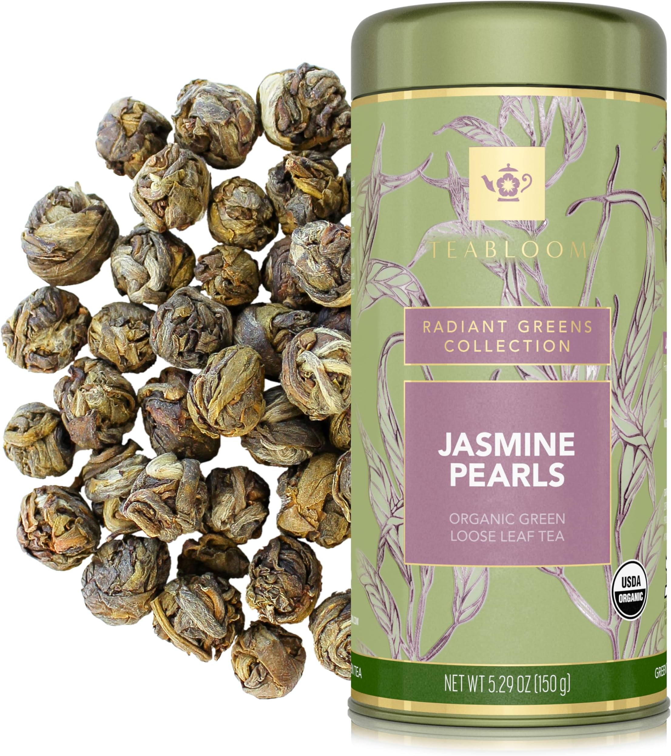 Organic Green Tea, Jasmine Pearls Loose Leaf Tea, Captivating and Aromatic Jasmine Tea, USDA Certified Organic and Kosher, 5.29 oz/150 g Canister Makes 90-120 Cups