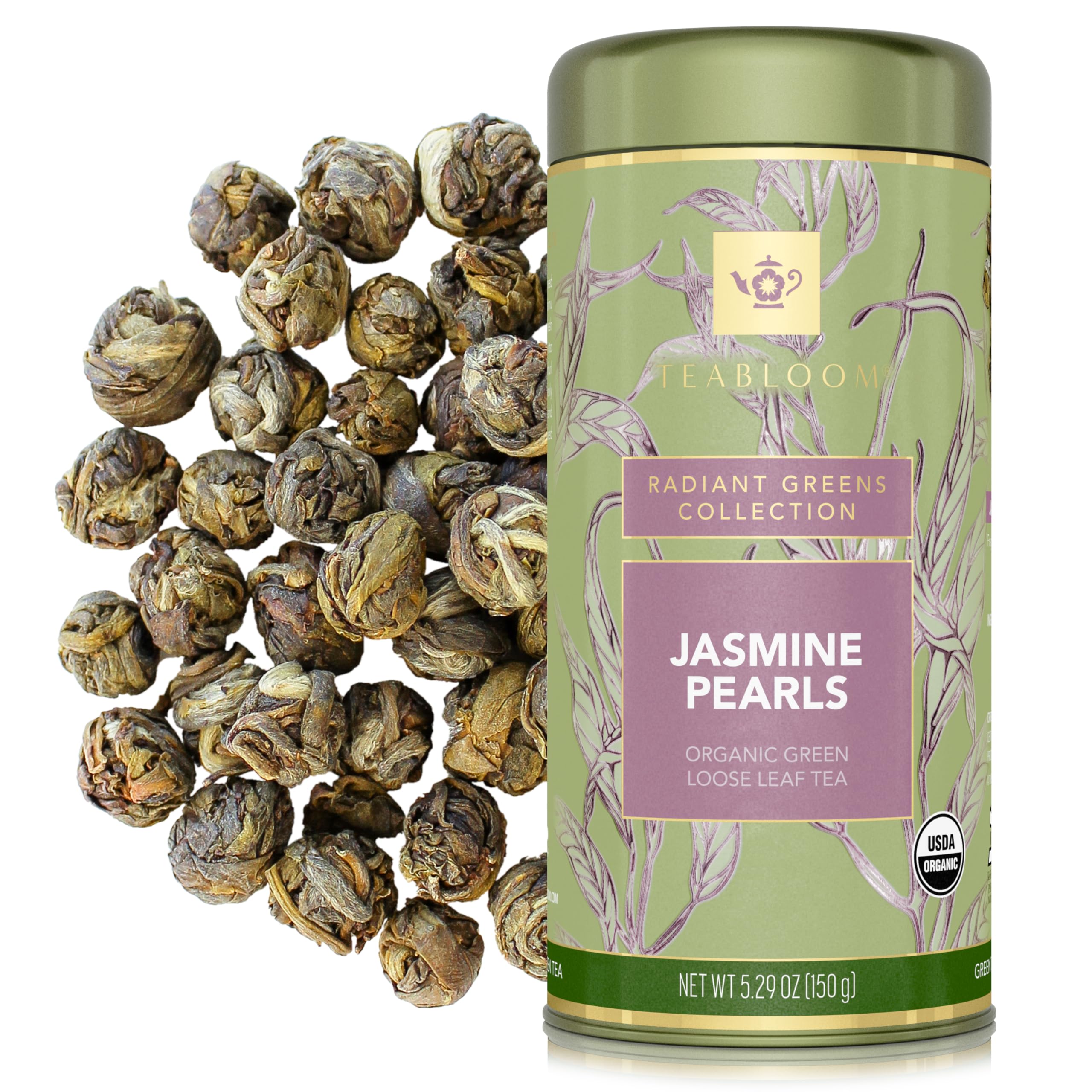 Teabloom Organic Green Tea, Jasmine Pearls Loose Leaf Tea, Captivating and Aromatic Jasmine Tea, USDA Certified Organic and Kosher, 5.29 oz/150 g Canister Makes 90-120 Cups