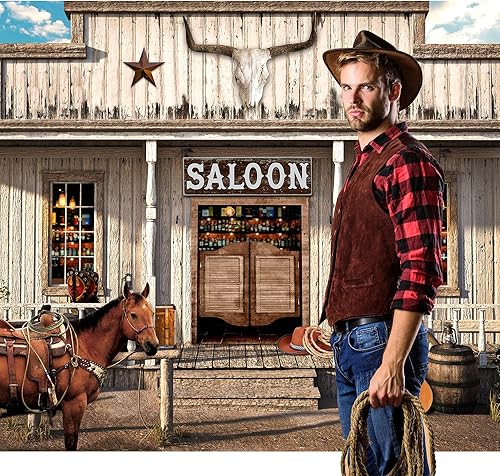 Miniatura 4 de Imirell Western Saloon - Telón de fondo de vaquero de 7 pulgadas de ancho x 5 pies de alto, puerta de granero de madera vintage, rueda de caballo