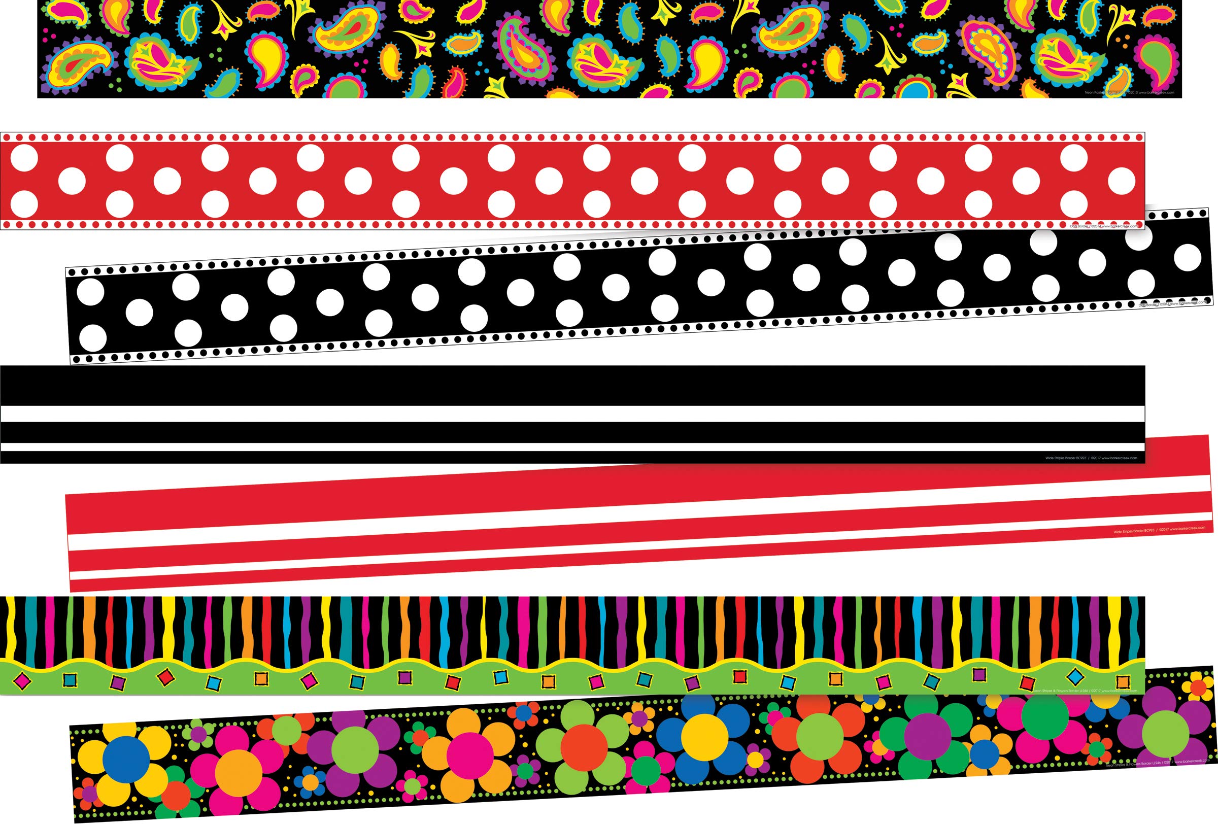 Barker Creek Border Set of 4, Graphic Design, Multicolor 4-Pack Includes Paisley, Dots, Stripes, Neon, 35' of 3" Wide Border in Each of 4 Designs for Total of 140' (956)
