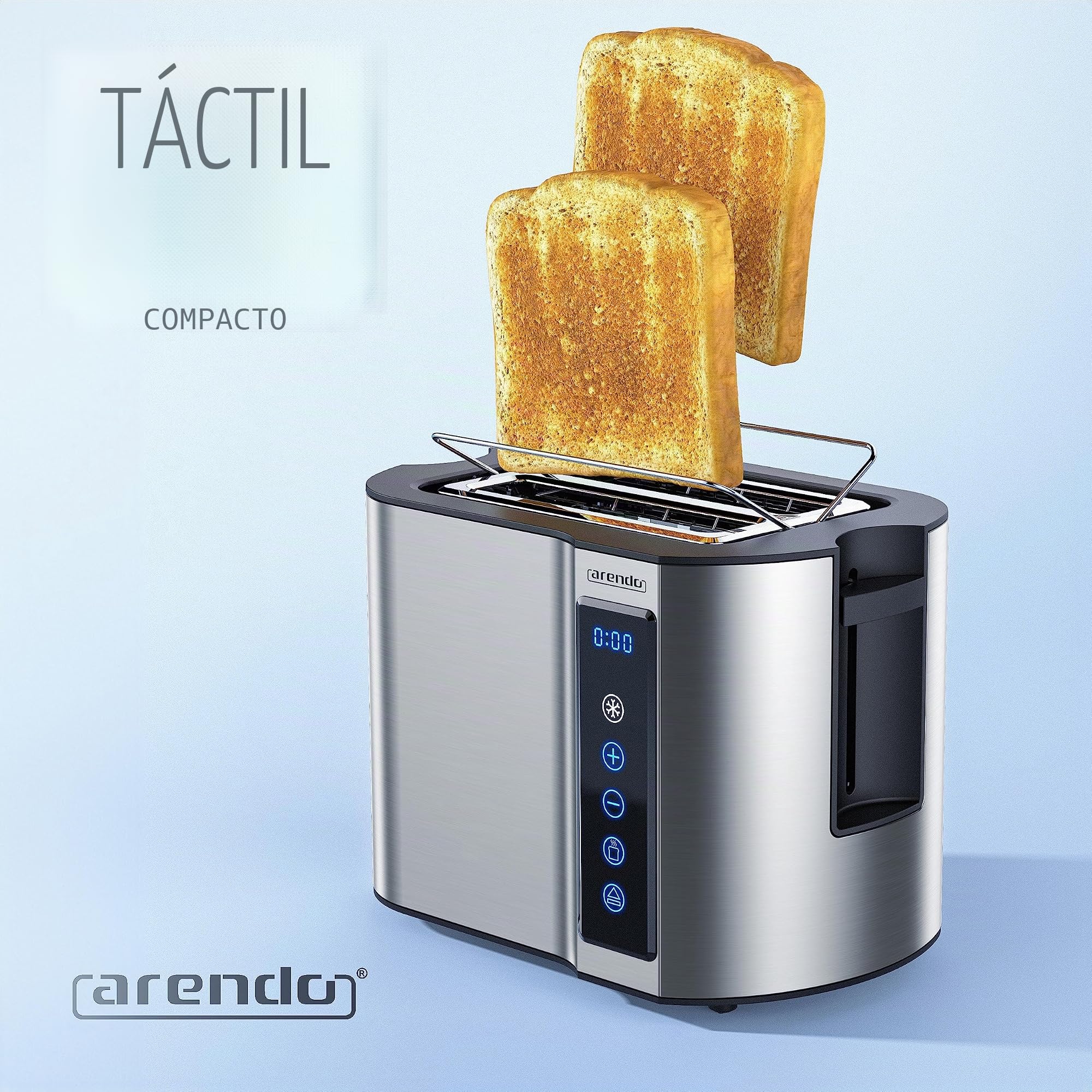 Arendo – Tostadora táctil de 2 rebanadas de acero inoxidable, pantalla táctil digital del tiempo restante – 800 W – Caja de doble pared – con rejilla recalentadora de bollería – 7 niveles de bruñido