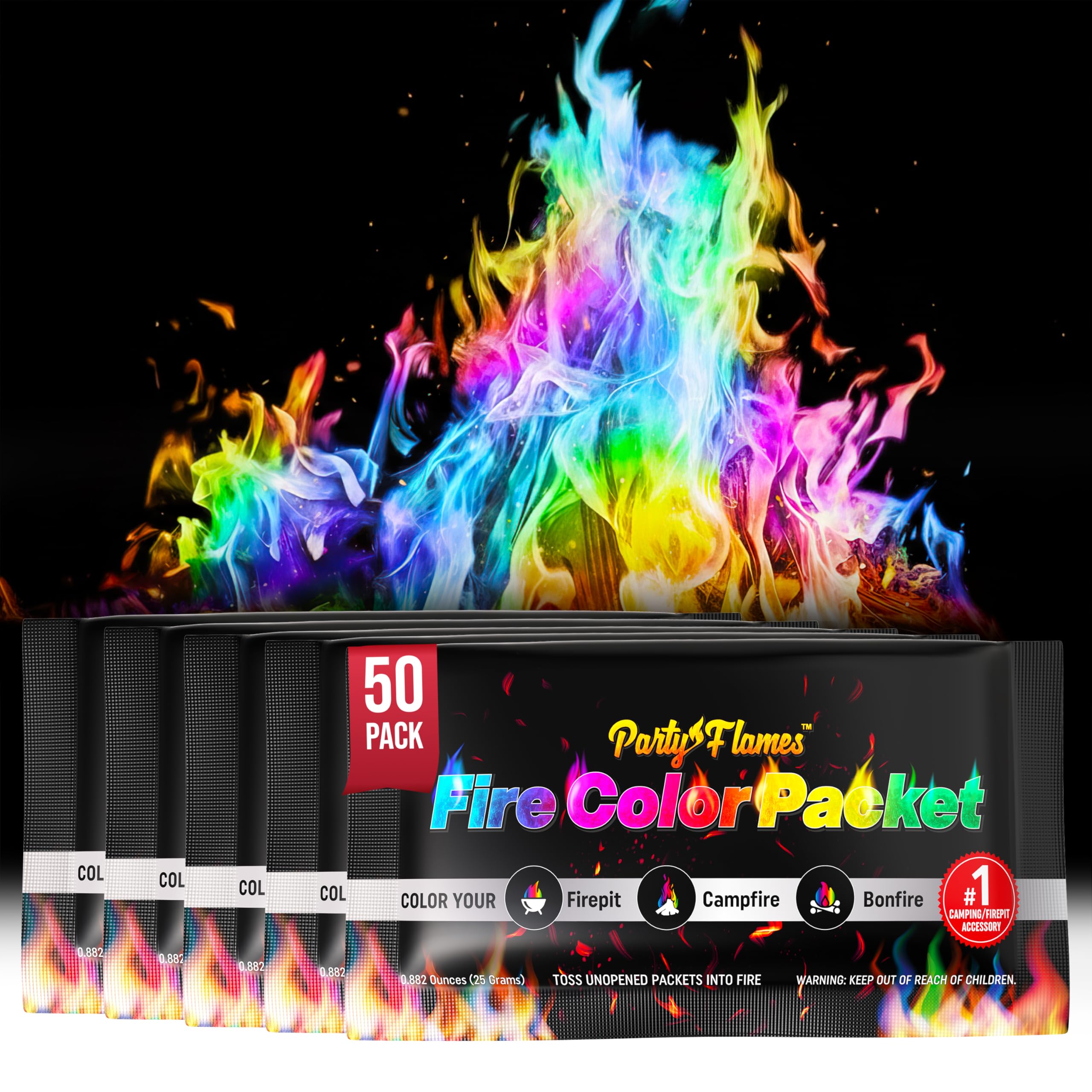 Paquete de 50 paquetes que cambian de color de fuego para fogatas (paquete de 50) – Perfecto para cualquier fogata, hoguera, hogueras y chimeneas al aire libre – Accesorios perfectos para fogatas