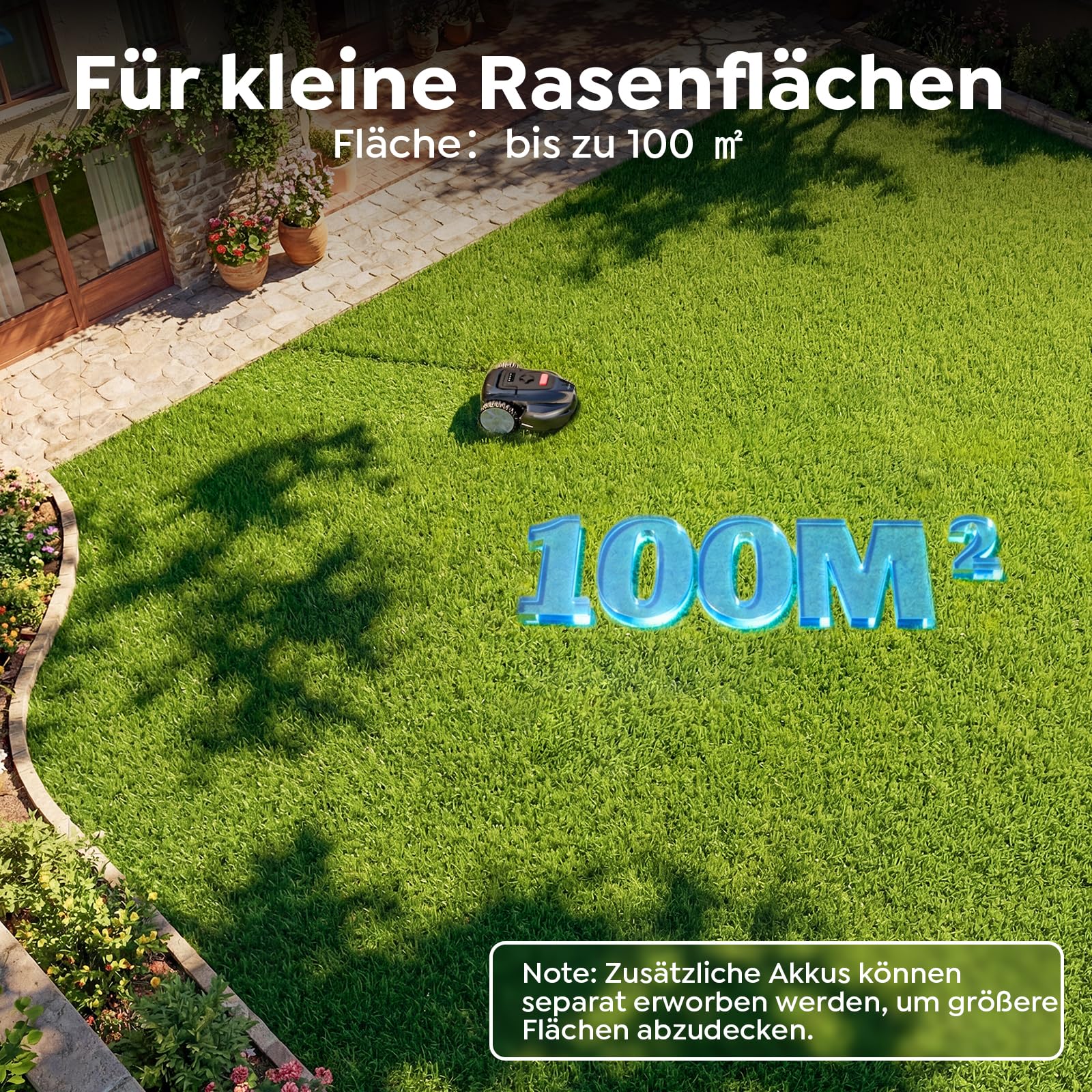 YARDCARE V3 Mähroboter ohne Begrenzungskabel, KI-Visionsnavigation, 150+ Hinderniserkennung, App-Steuerung, bürstenloser Motor, 50 dB, einstellbare Schnitthöhe, für kleine Gärten