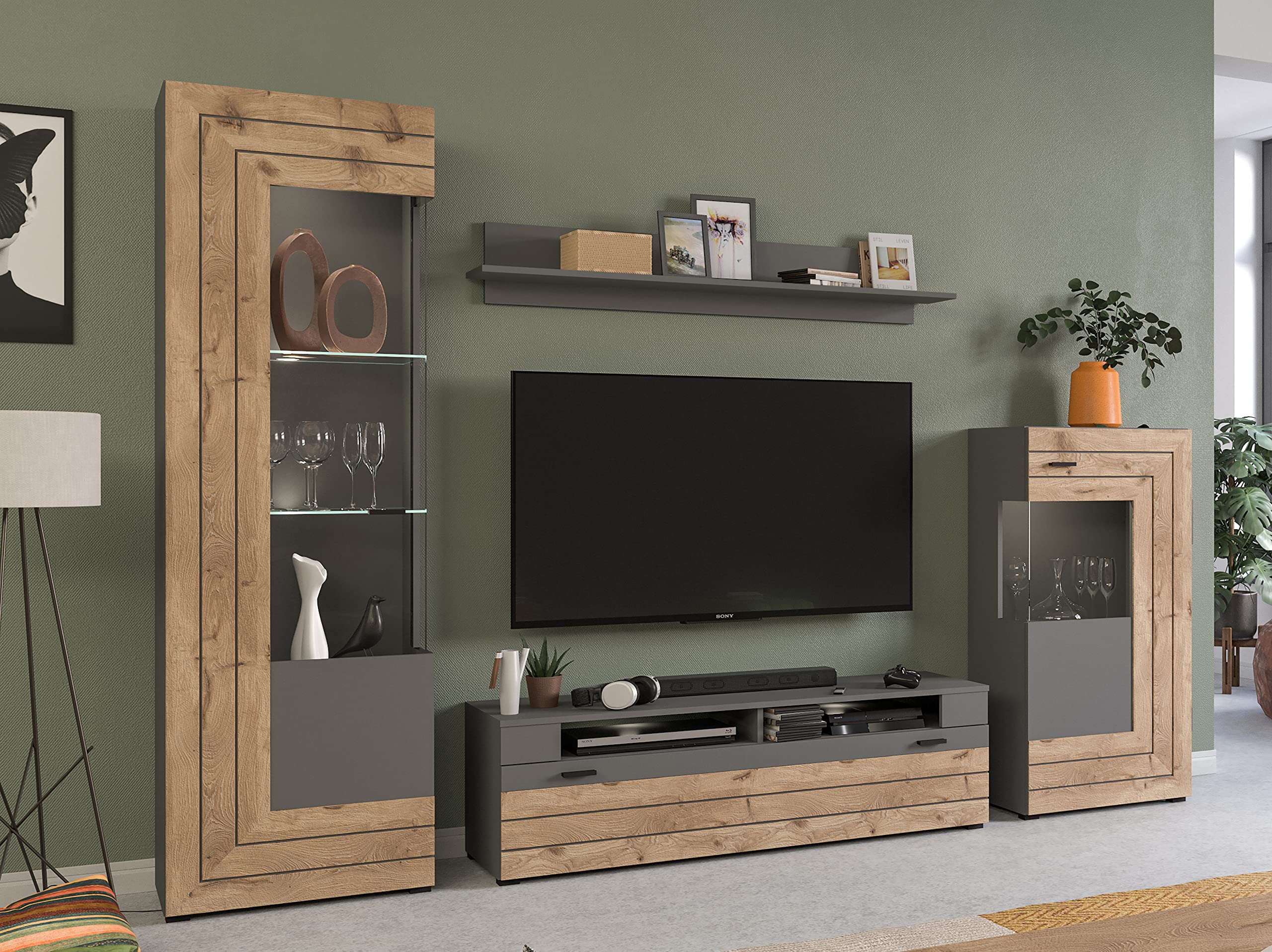 xonox.home - 4tlg. Kombination Freno 40x290x194 cm in grau Nb Absetzung Nox Oak Nb - Wohnkombination Wohnwand Wohnzimmermöbel Wohnzimmerschrank - modern und funktional