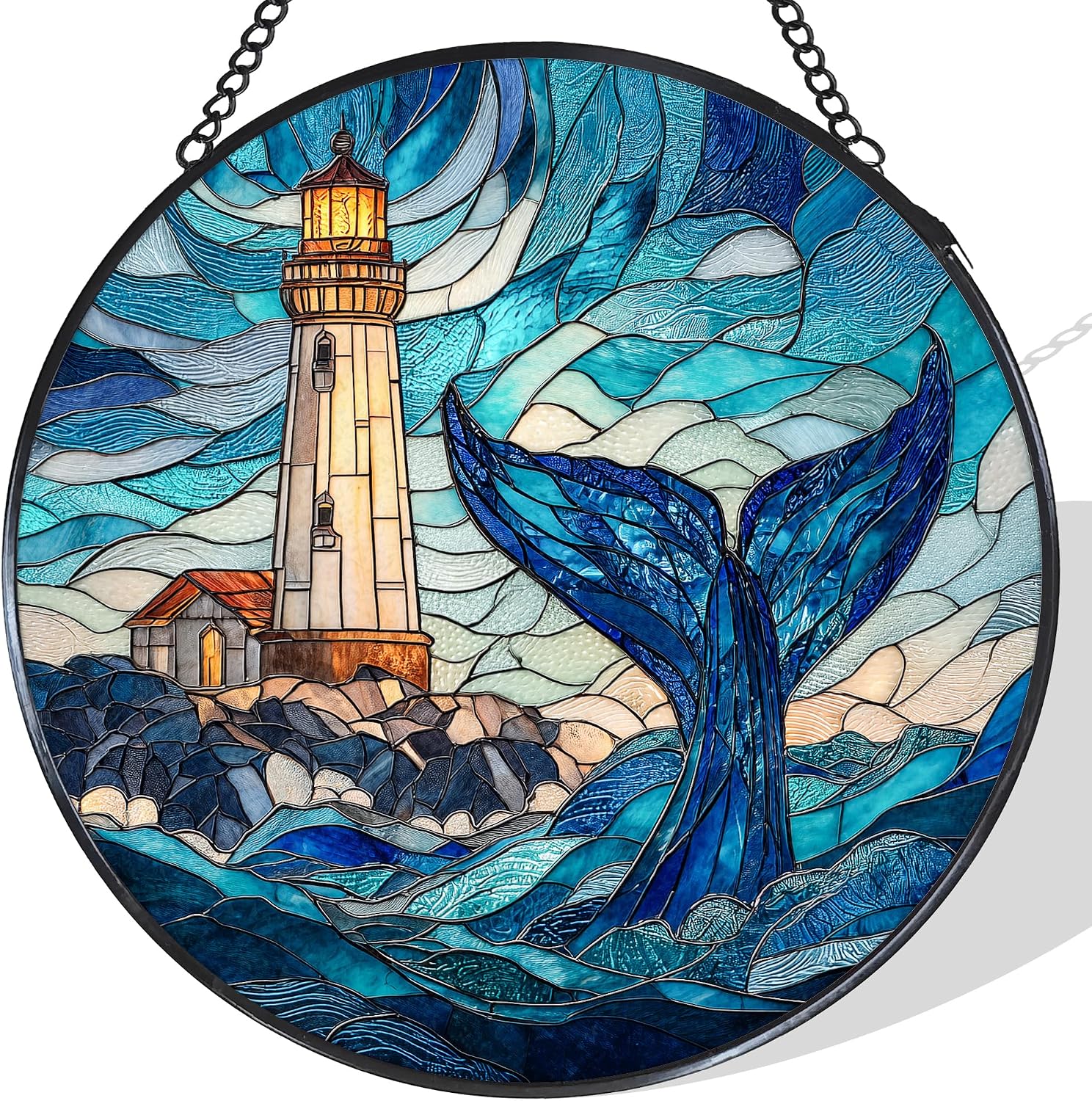 Lighthouse Whale Stained Glass Window Hanging Suncatcher, Coastal Light House Sun Catcher Indoor Window Decor, Beach Ocean Painted Glass Wall Hanging Decorations for Home, 7.8x7.8 in