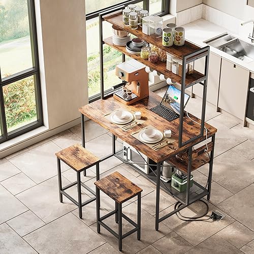 Miniatura 9 de IRONCK Isla de cocina con taburetes, estante para panadería con almacenamiento y toma de corriente, mesa de café industrial para cocina, comedor,