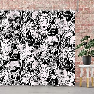 Cute Clown Graffiti Shower Curtain,Smile Joker Poker Game with Funny Quotes Flower Butterfly Humor Shower Curtains for Bathroom,Fabric Bath Curtain Sets Decor with Hooks,Black - Buy now