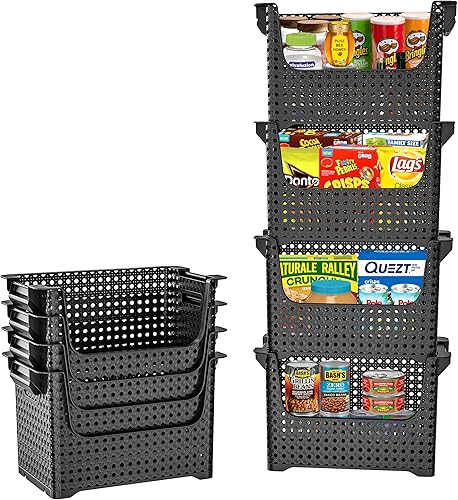 Skywin Contenedores de almacenamiento apilables de plástico para despensa, paquete de 4 contenedores apilables negros para organizar alimentos,