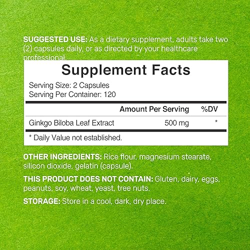 Miniatura 4 de DEAL SUPPLEMENT Ginkgo Biloba 500mg por porción, 240 cápsulas, suministro de 4 meses - Cultivado en el norte de Asia - Extra fuerte, promueve la