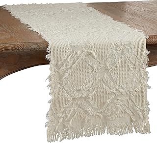 SARO LIFESTYLE Ivoryline Collection Fringe Waffle Weave Table Runner, 16...