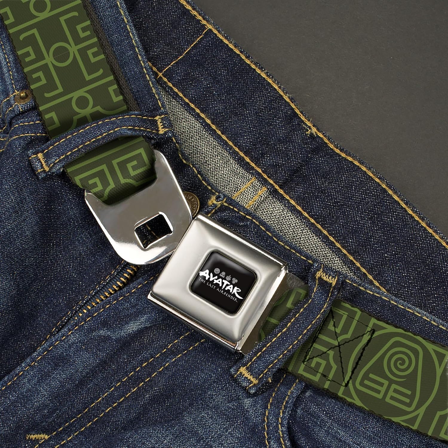 Nickelodeon Belt, Seatbelt Buckle Belt, Avatar Last Airbender Earth Element Symbol Black Olive Green, Adjustable