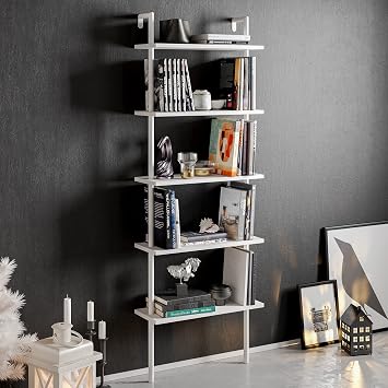 Decorotika Paula 5-Shelf Modern Bookcase, Open Wall Mount Ladder Floating Bookshelf with Industrial Metal Frame White