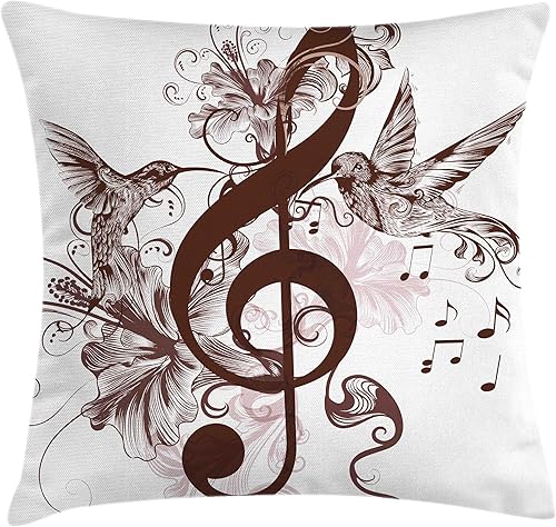 Ambesonne Funda de cojín con diseño de música, diseño floral de clave de agudos y colibríes voladores que cantan gorriones concepto vintage, retro,