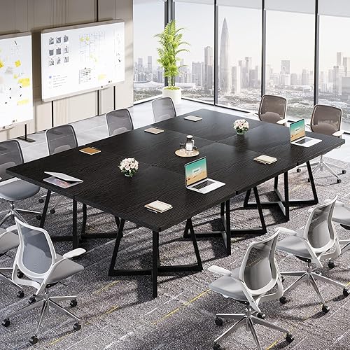 Miniatura 11 de Tribesigns Mesa de conferencia cuadrada de 31.5 pulgadas, mesa de reuniones de oficina industrial para 4 personas, muebles de podcast de negocios