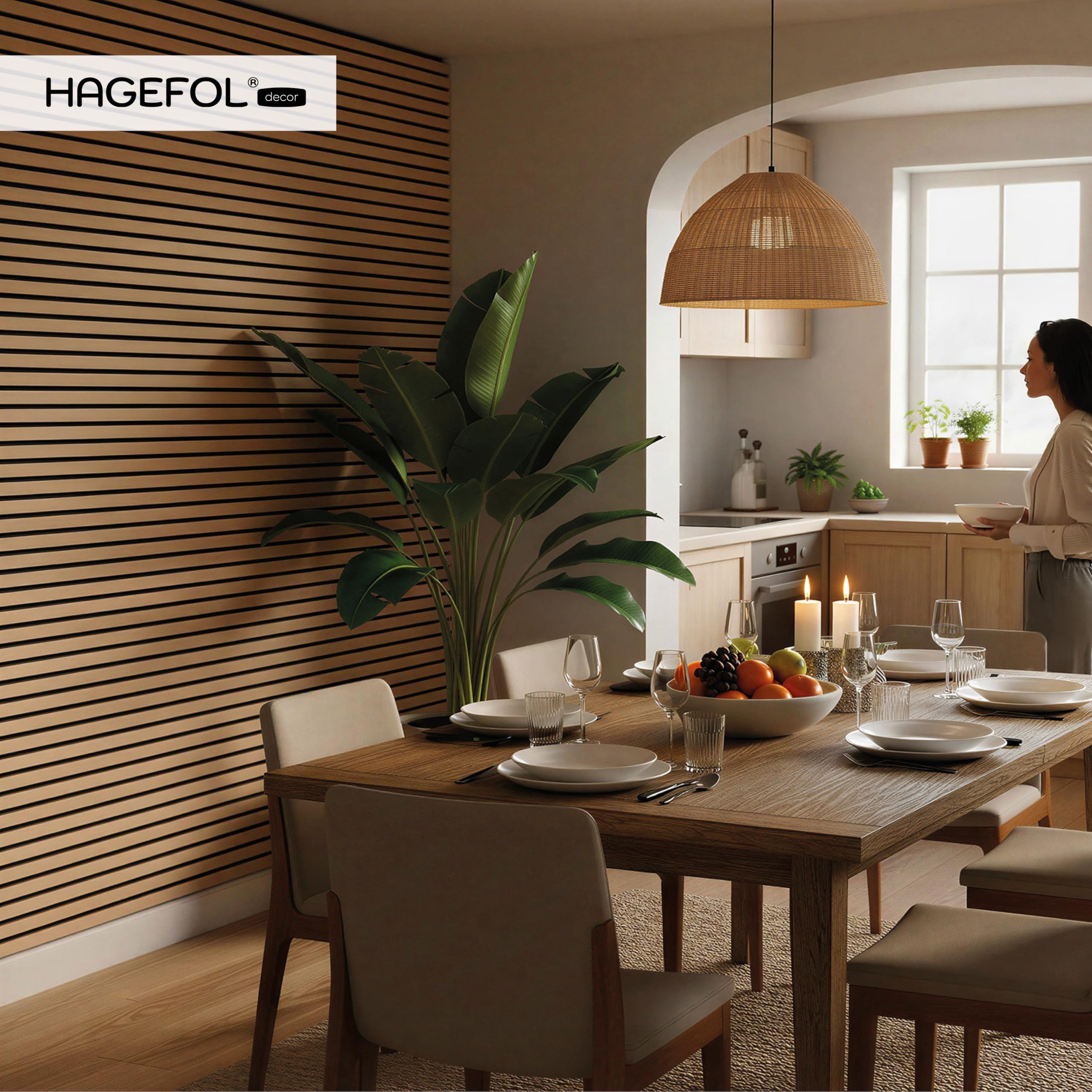 HAGEFOL® Akustikpaneele selbstklebend EasyFix, 240x56cm, Farbe: Eiche Holz, Lamellen Wandpaneele für Schallschutz Wandverkleidung ohne Bohren (2 Stück, 240x28cm im Paket)