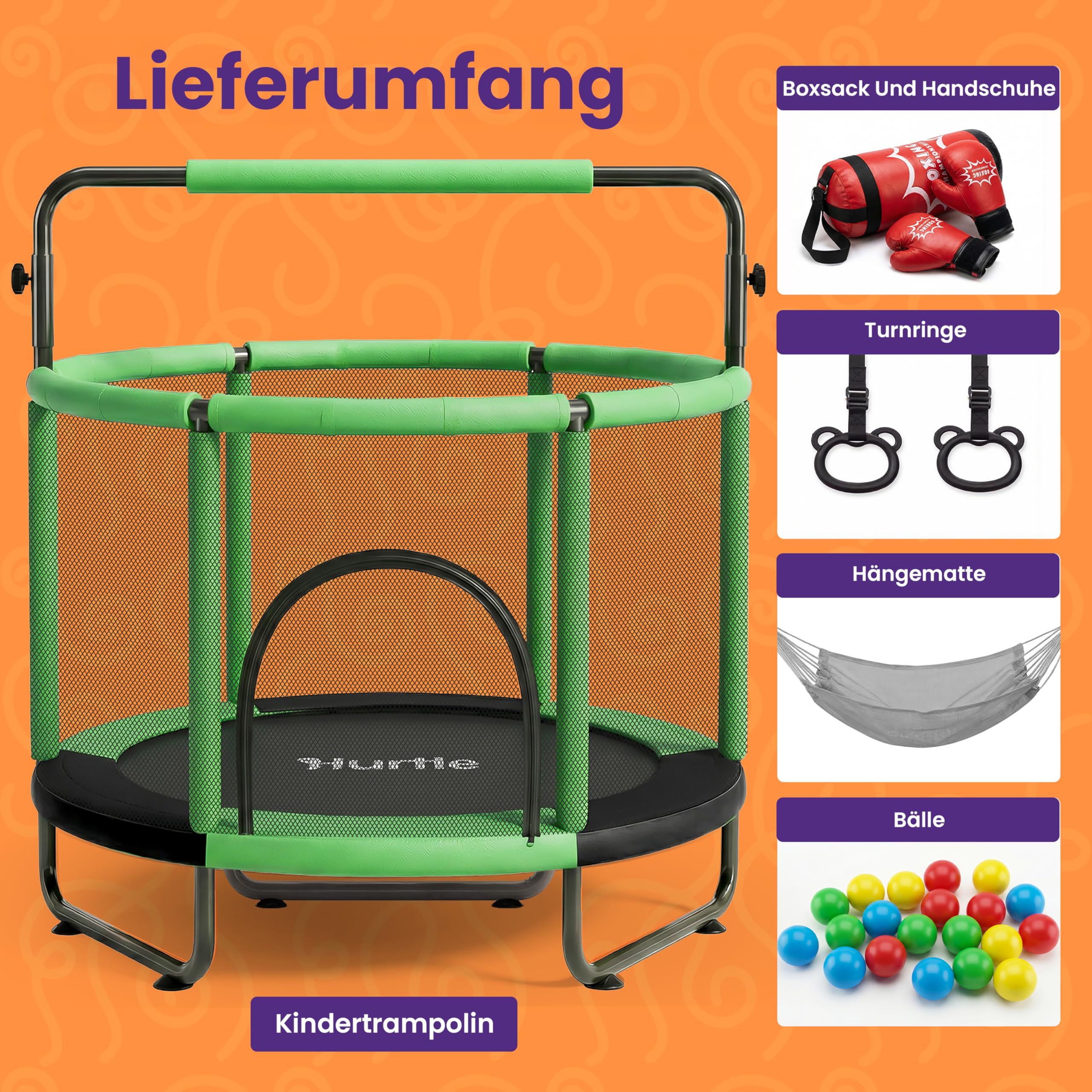 Hurtle Kindertrampolin - 140 cm mit Sicherheitsnetz – Trampolin Kinder Indoor Outdoor mit Haltestange, Schaukel, Ringe, Boxsack und Bällen bis 200 kg belastbar