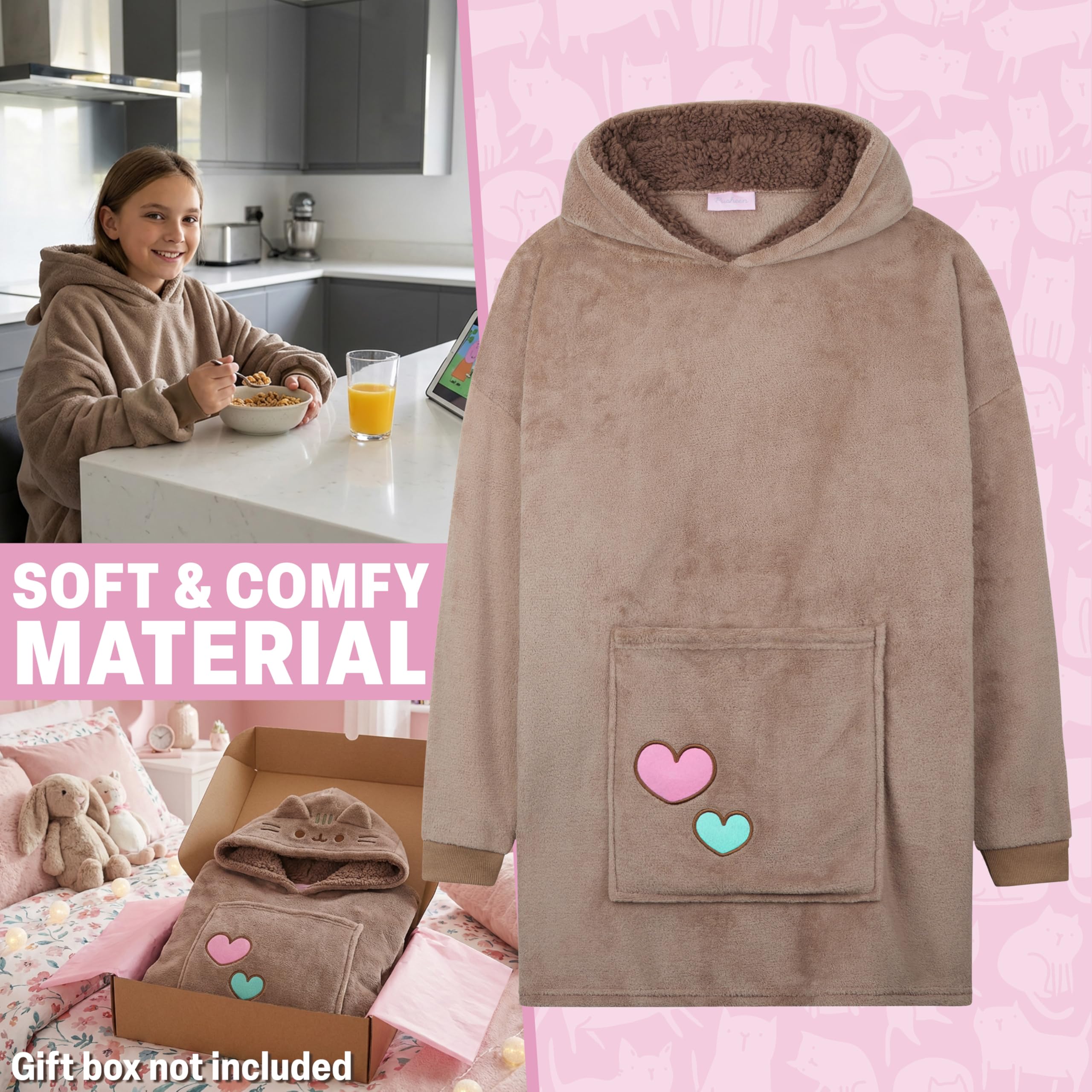 Get Trend Pusheen Bluza z kapturem Oversize nastolatek i dziewczyna, polar koc z kapturem Cocooning Winter Porter, prezent dla dziewczyny