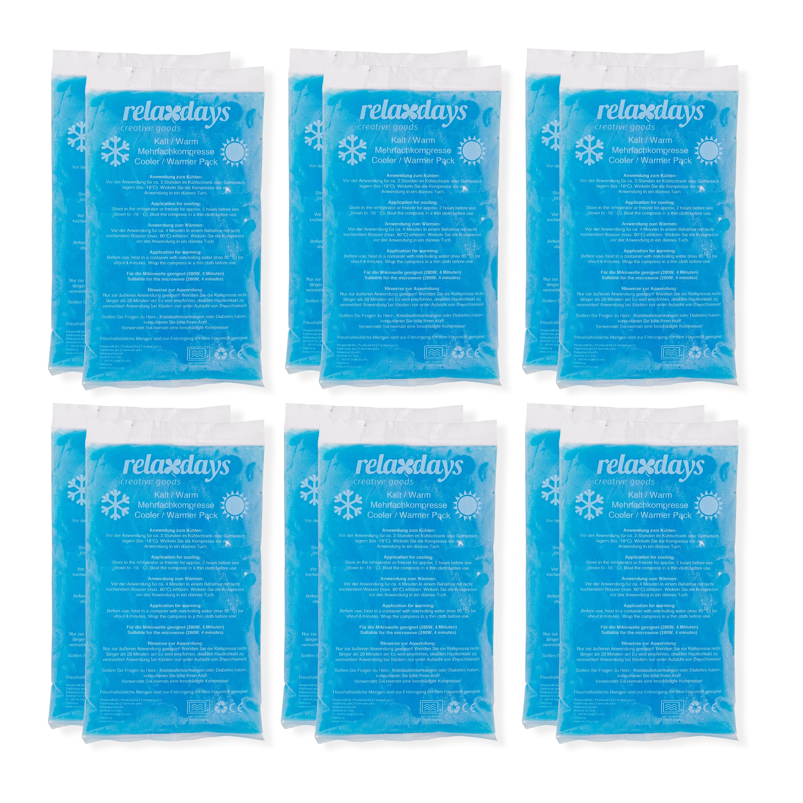 Relaxdays Ghiaccio Gel Termico, 12 Sacchetti Multiuso, 15 x 8 cm, Terapia Caldo Freddo, Cuscinetti Refrigeranti, Blu