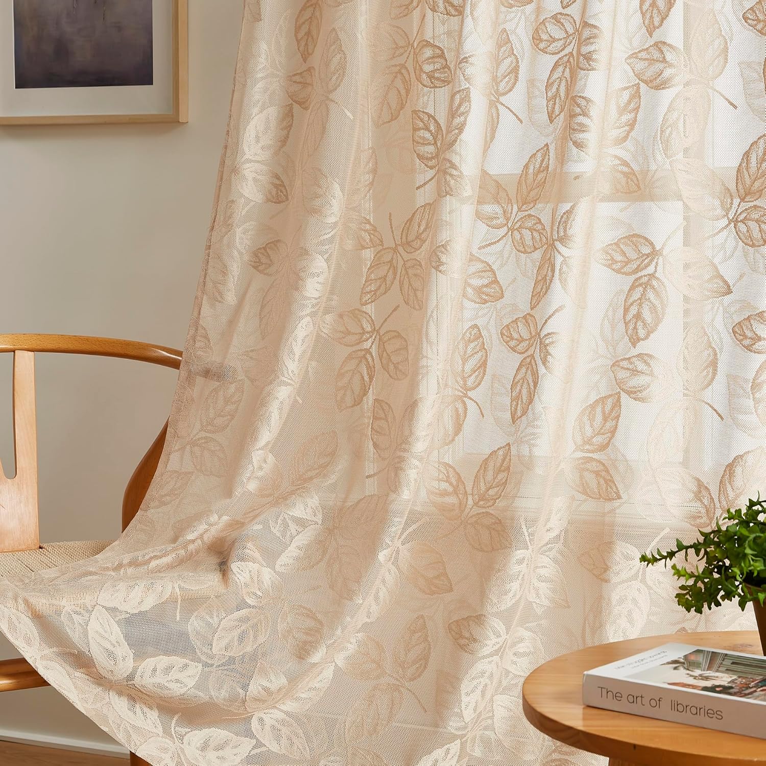 Warm Home Designs Lace Curtains for Leaves Room Decor. 96 Inch Linen Gold Leaf Curtains are Perfect as Embroidered Vintage Drapes. (AR Linen 96)