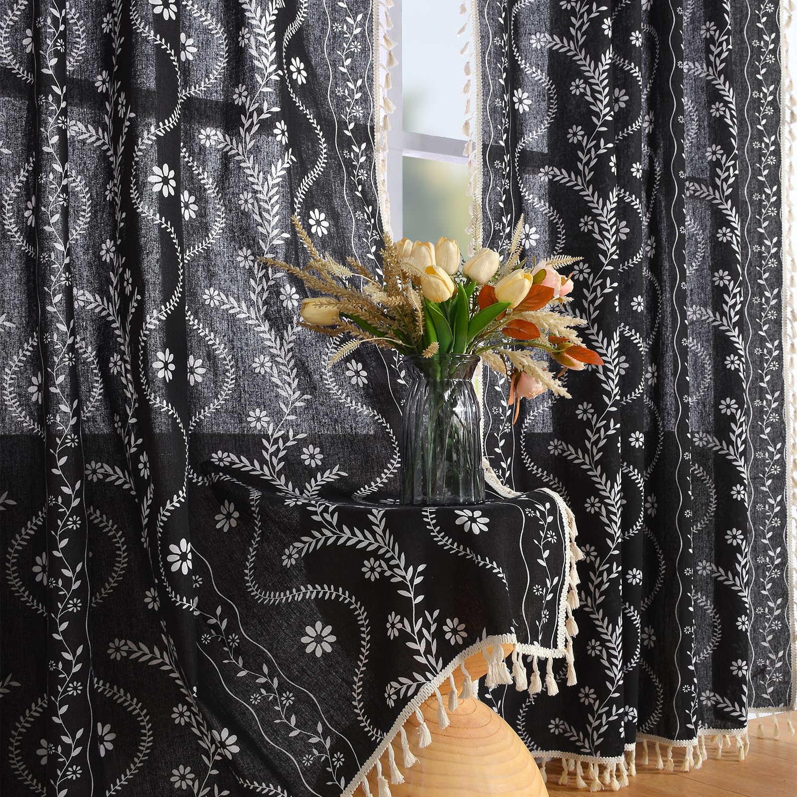 Schweek Black Boho Curtain Tassel 96 Inches Length 2 Panels for Living Room