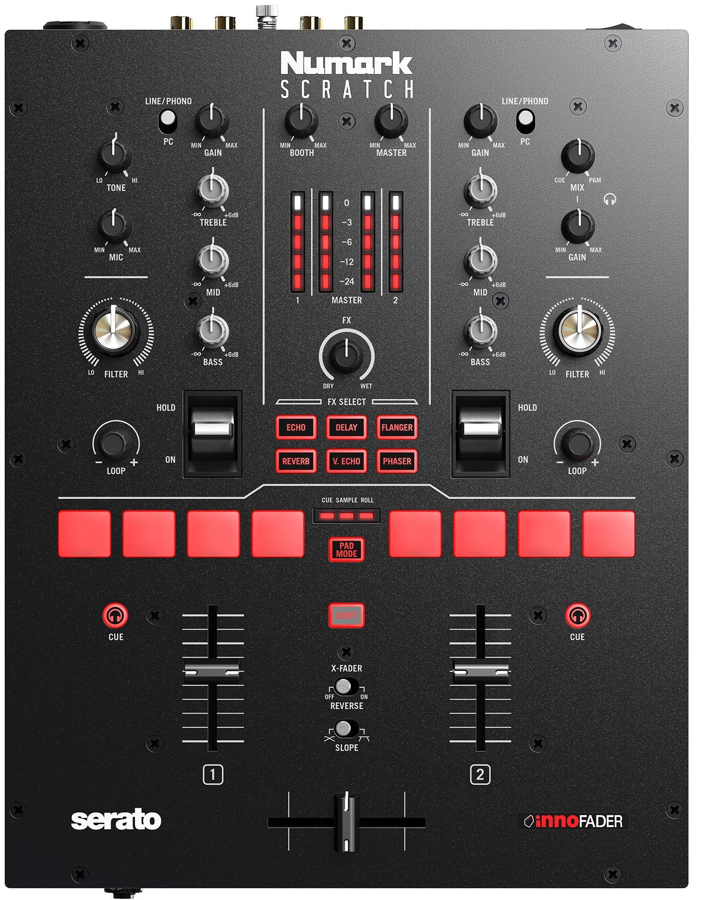 Numark Scratch | Two-Channel DJ Scratch Mixer for Serato DJ Pro (Included) with Innofader Crossfader, DVS License & 6 Direct Access Effect Selectors