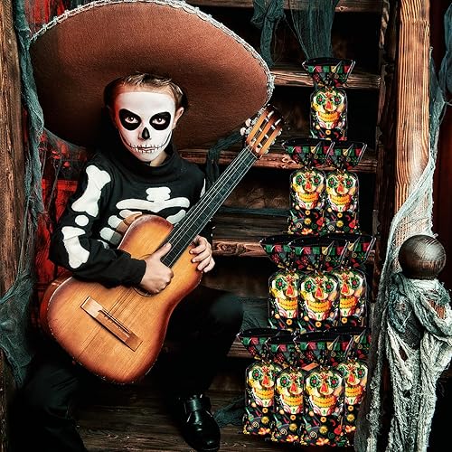 Miniatura 7 de Outus 100 bolsas de regalo del Día de los Muertos, bolsas de plástico de celofán negro con 100 lazos plateados para decoraciones de Halloween,