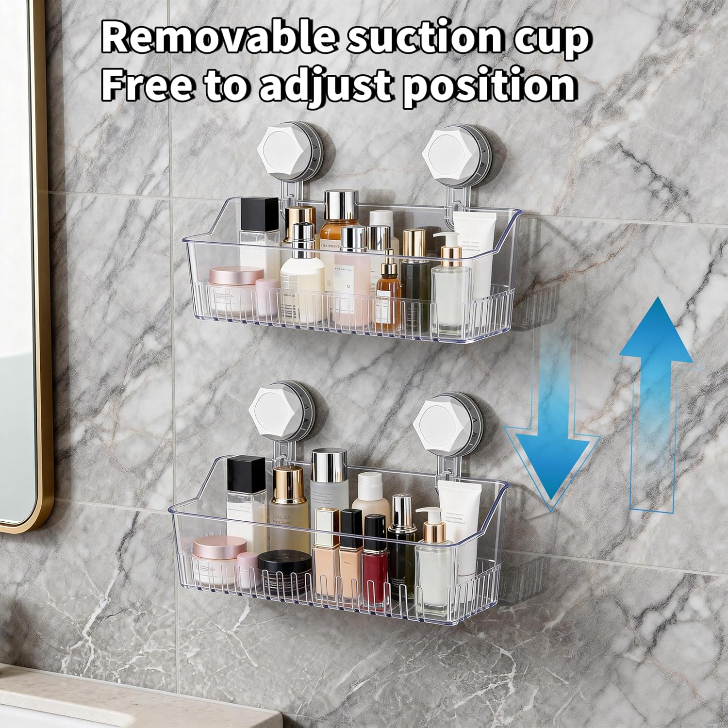 2-Pack No Drill Bathroom Suction Storage Box, Strong Load-Bearing Shower Caddy Suction Cup Storage Rack with Drain Holes, Removable Hanging Wall Mount Shower Caddy Organizer for Bathroom, Kitchen
