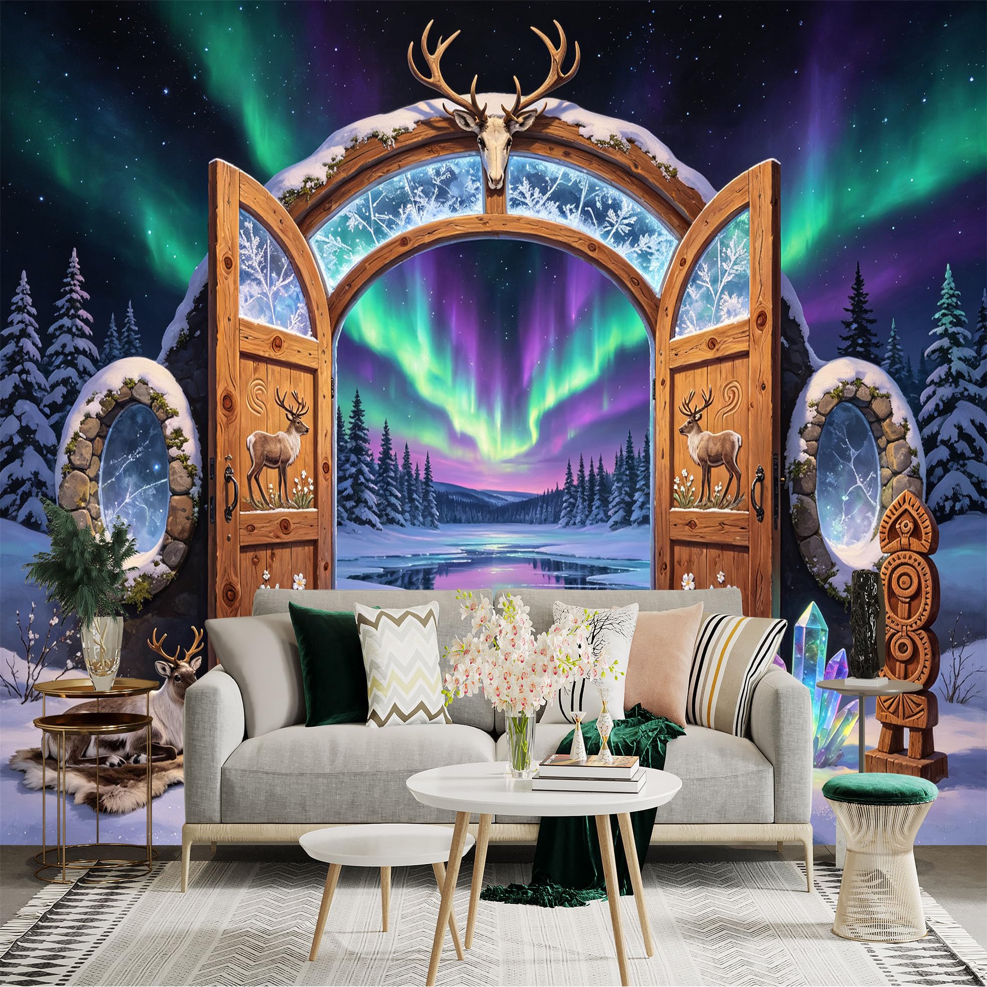 Custom Size Wall Sticker Mural， Aurora Borealis Winter Lake with Deer and Wooden Gate， for wall Decoration， peelandstick wall Decals.