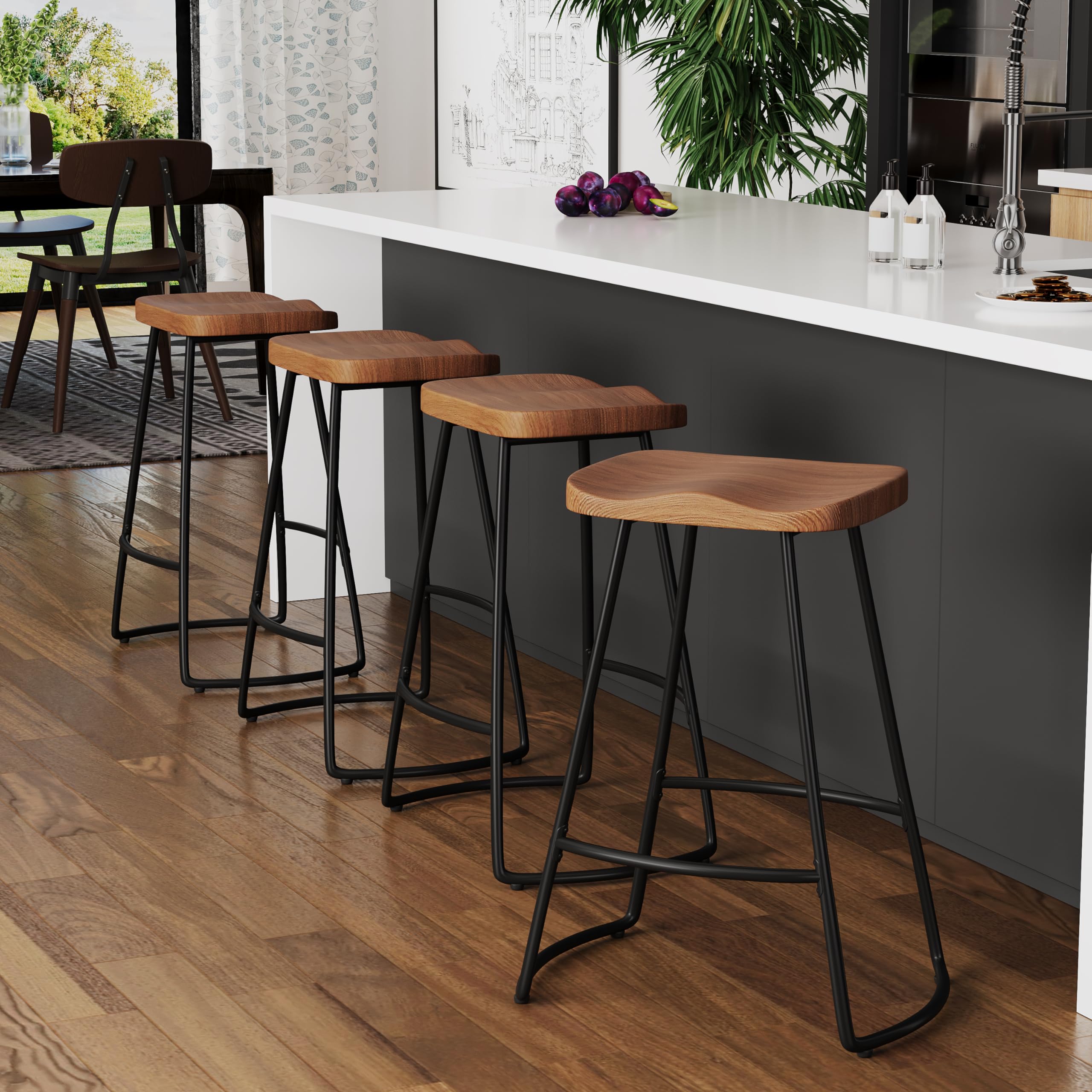 Alunaune 26" Metal Bar Stools Set of 4, Saddle Seat Backless Counter Height Barstools Kitchen Island Counter Stool Dining Chairs-Brown