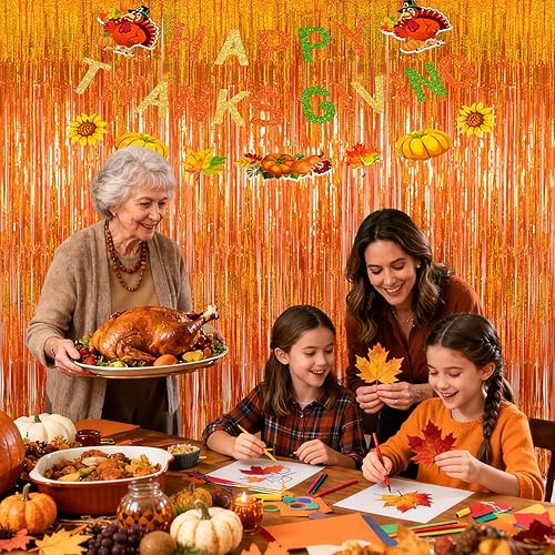 Miniatura 5 de Melsan - Cortina de flecos de oropel más gruesa mejorada, paquete de 3, 3.2 x 8.2 pies, serpentinas metálicas naranjas con cinta adicional, para