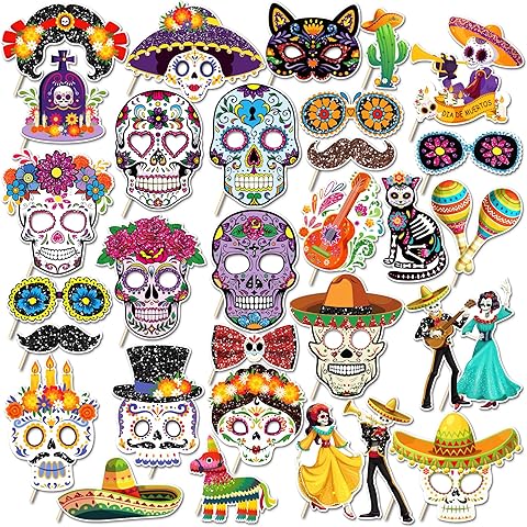 30Pcs Dia De Los Muertos Photo Booth Props with Stick, Day of The Dead Theme Selfie...