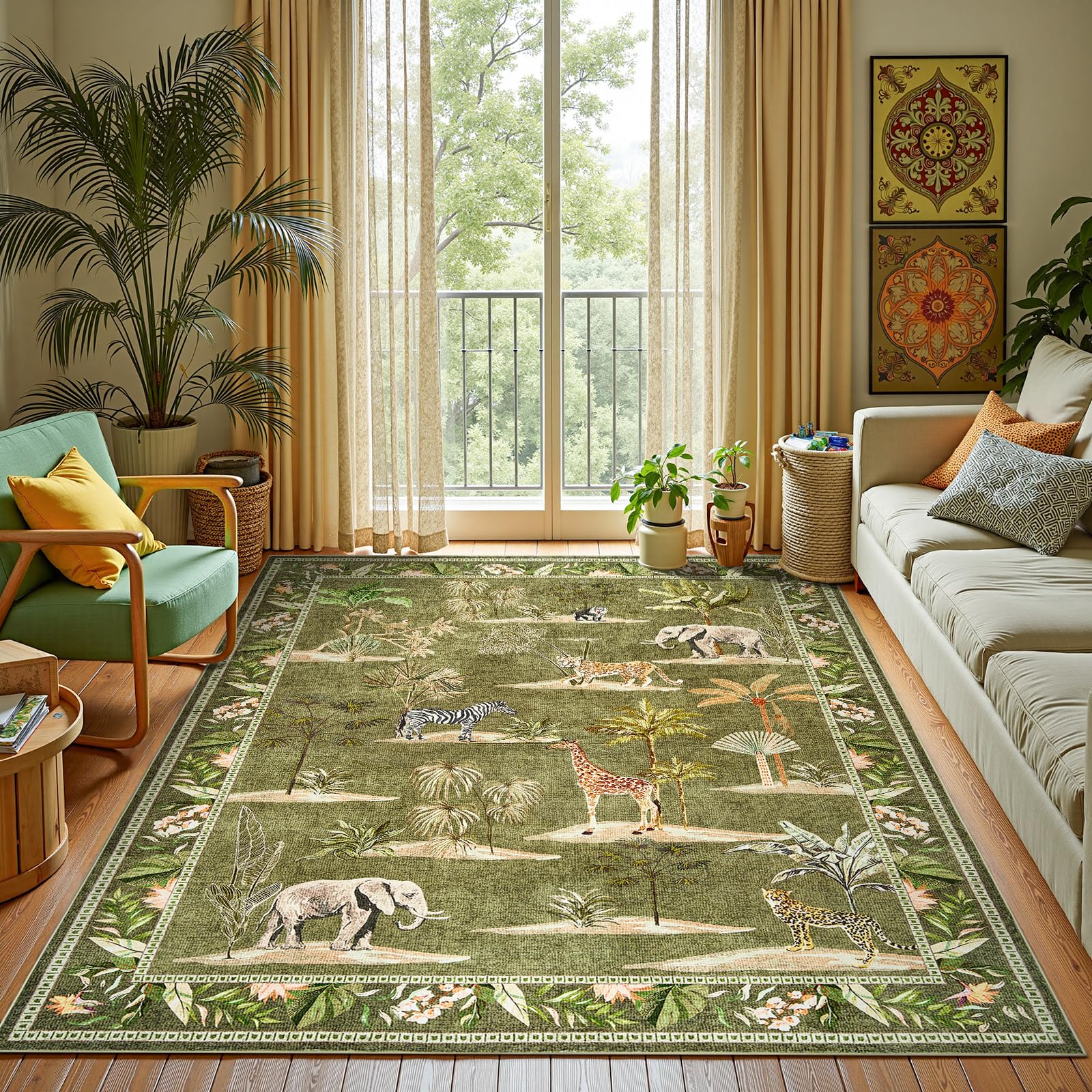 Amazon.com: jinchan Jungle 5x7 Green Animals Print Living Room Rug