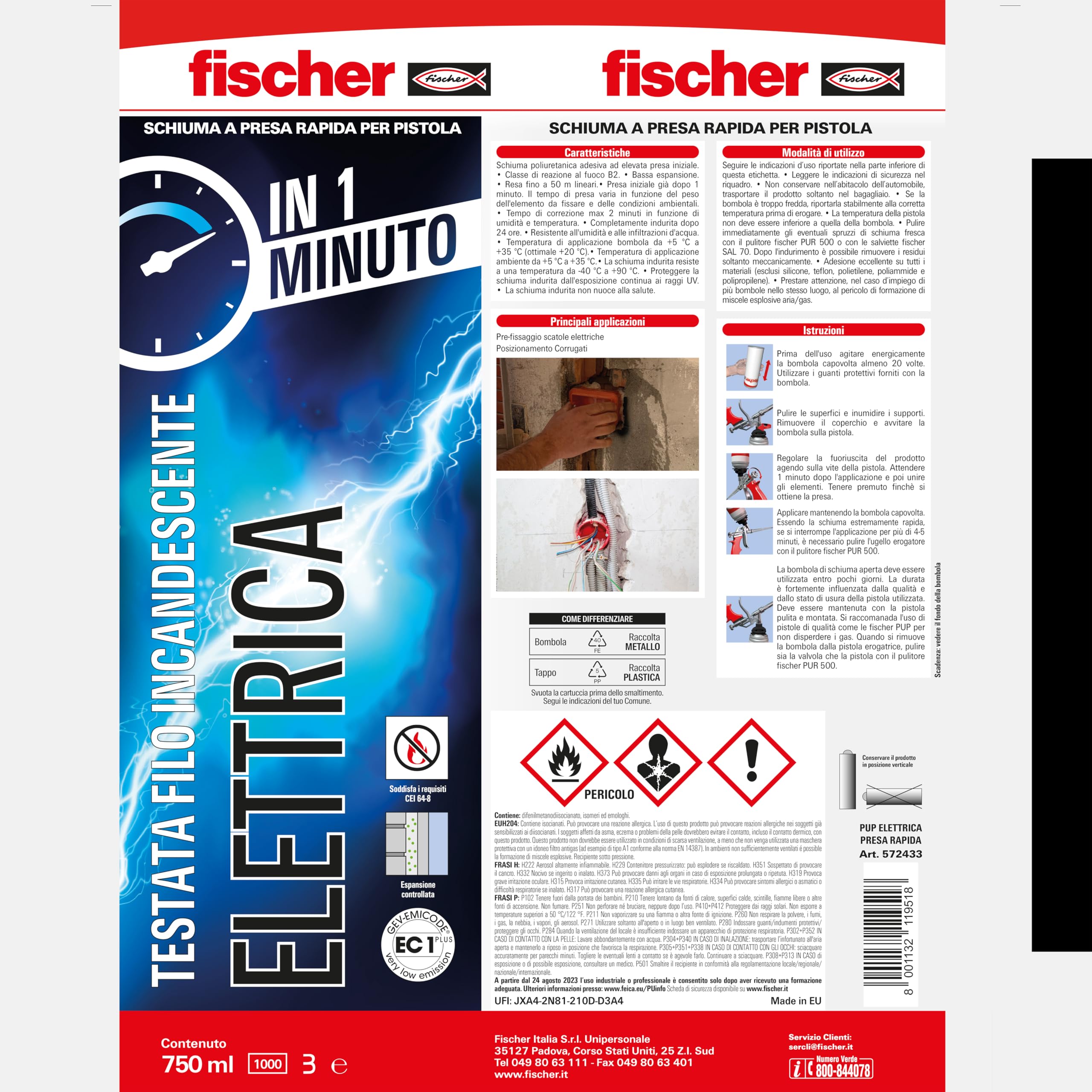 Fischer PUP Schiuma Elettrica a Presa Rapida, 60 Secondi, Testata a Filo Incandescente, per Canaline e Scatole Elettriche, 572433