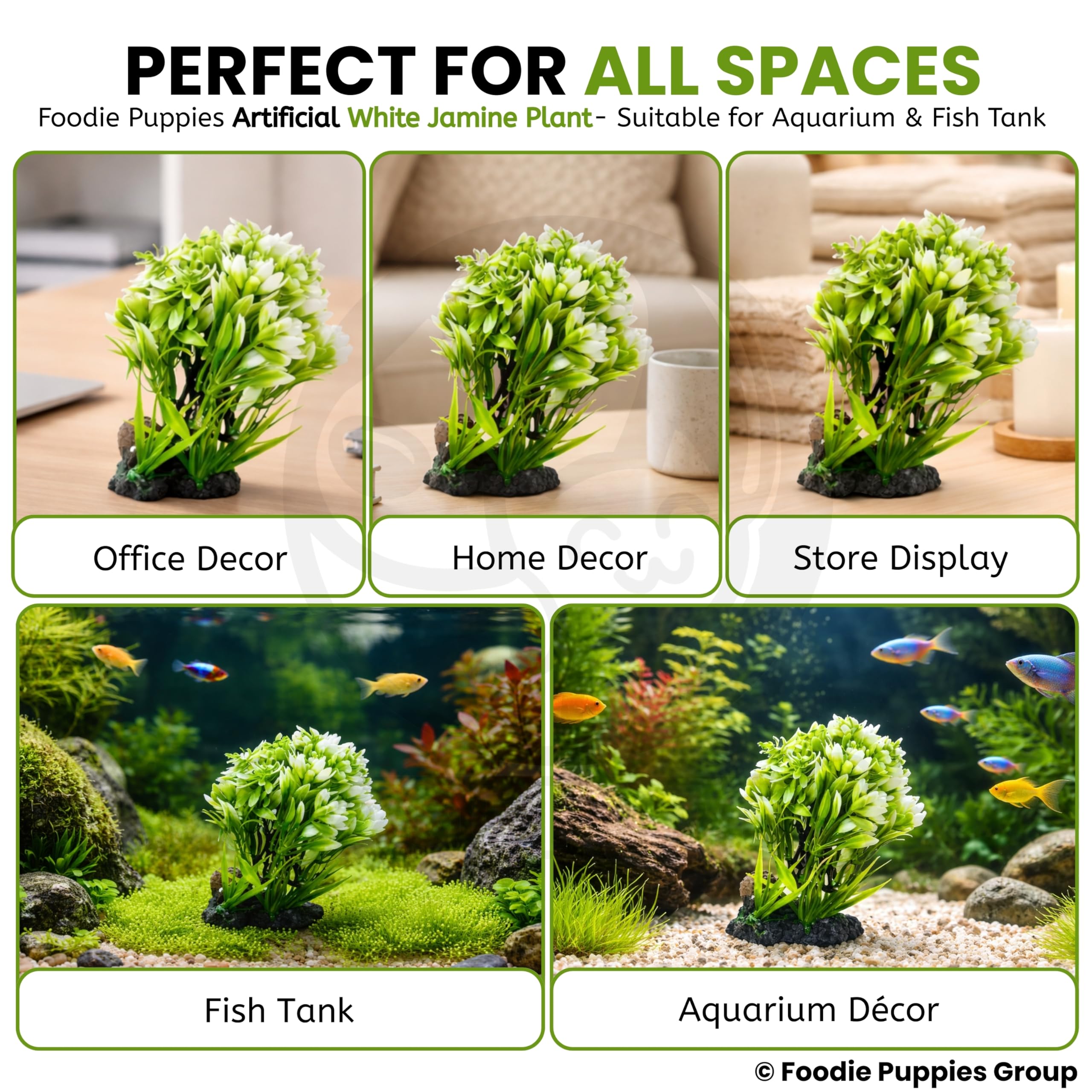 Foodie Puppies Aquarium Plastic Plant with Resin Base Decor - (White Jasmine Plant, 6.5 x 4 x 13 cm) for Fish Tank Ornament Accessories, Freshwater & Saltwater Natural Looking Artificial Plant 4